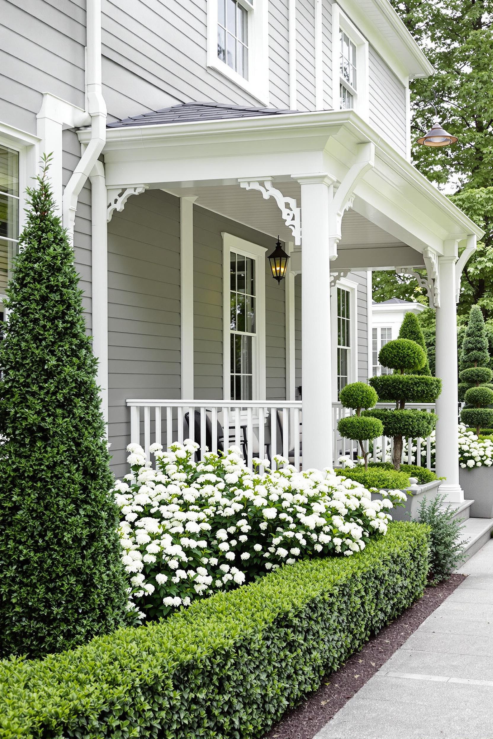 Charming porch with lush greenery and bright flowers