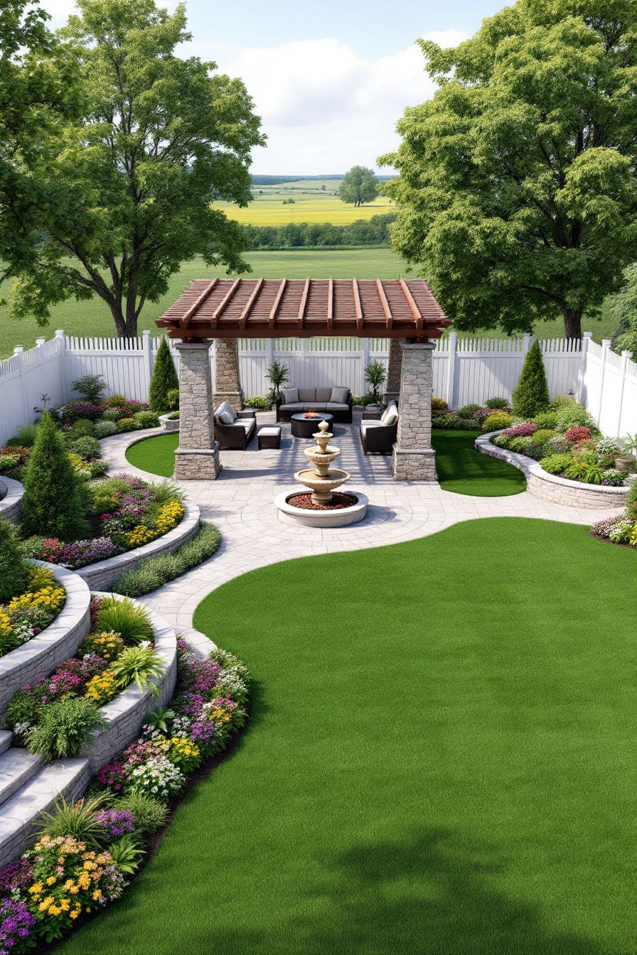 Backyard oasis with a pergola and fountain