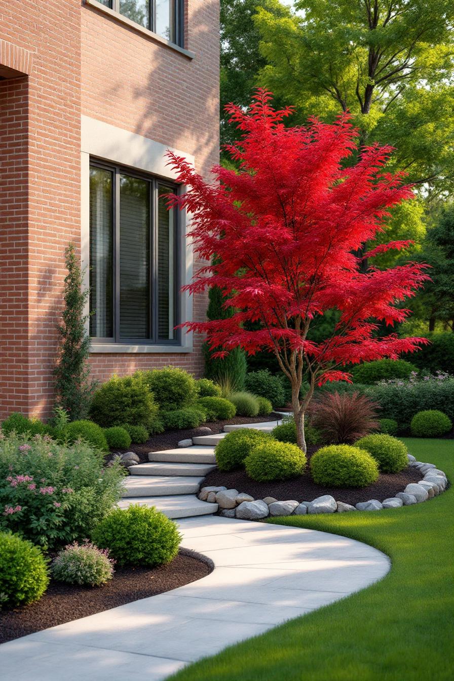 Japanese maple with vibrant red leaves beside a curved garden path