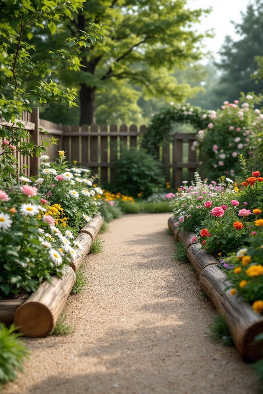 Charming garden path bordered by colorful blooms and wooden logs