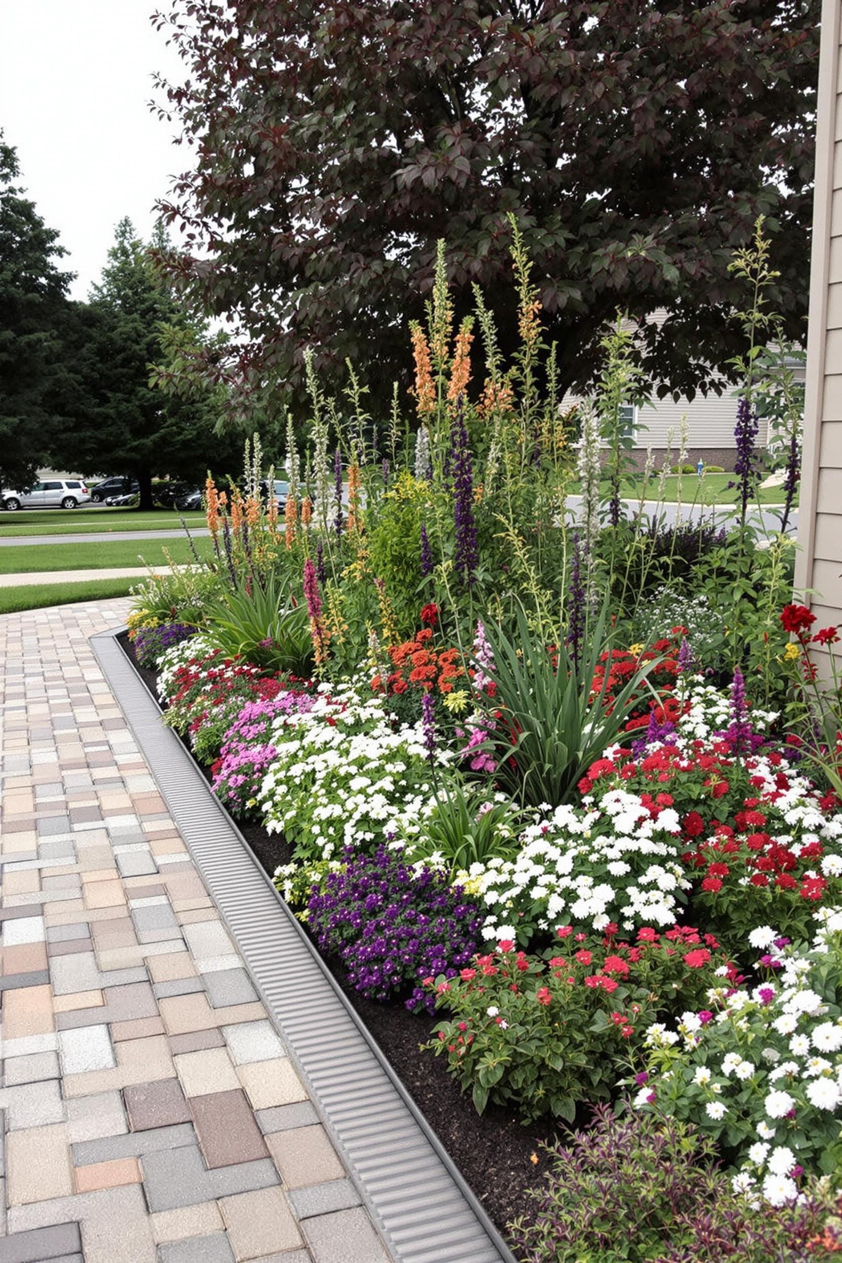 Colorful flowers with stone path and metal edging