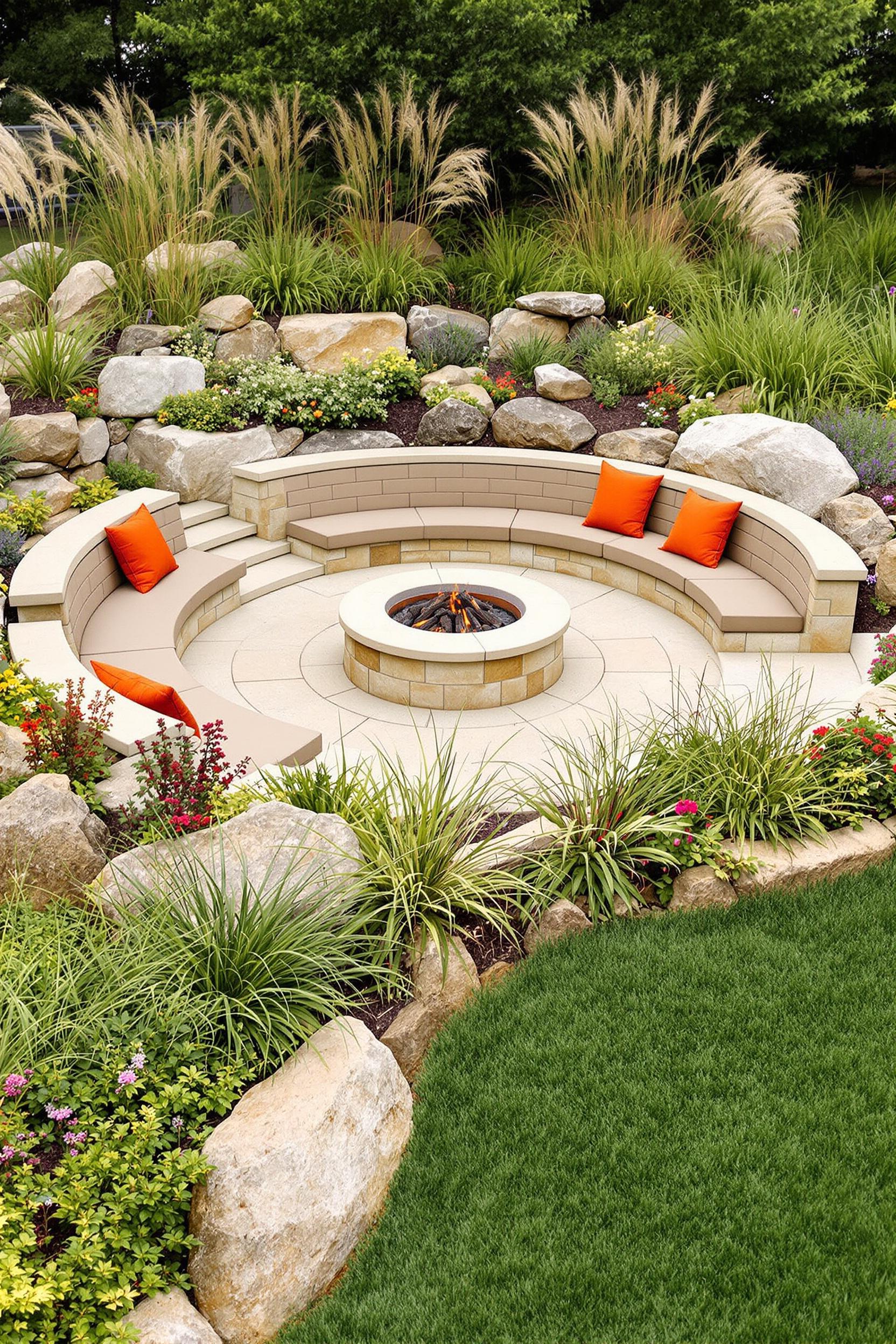 Modern fire pit with seating and vibrant cushions in a landscaped garden