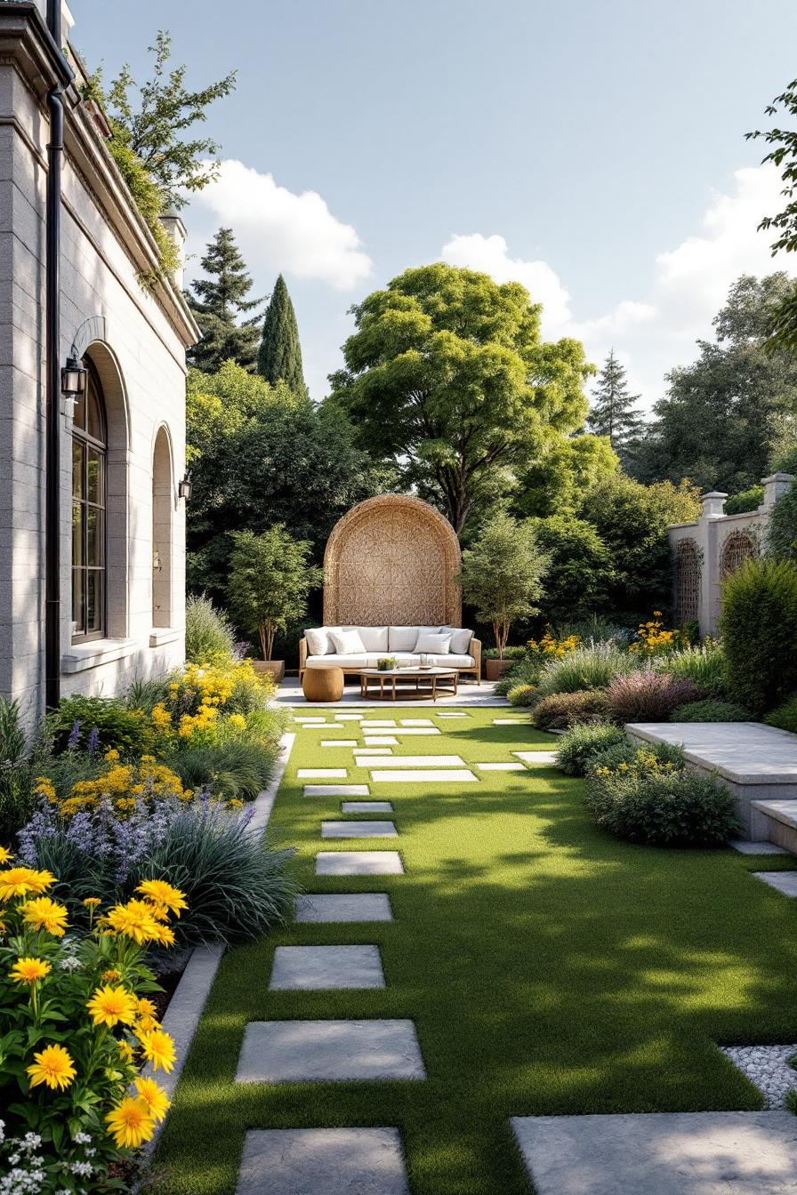 Outdoor seating area with lush greenery and stone pathway