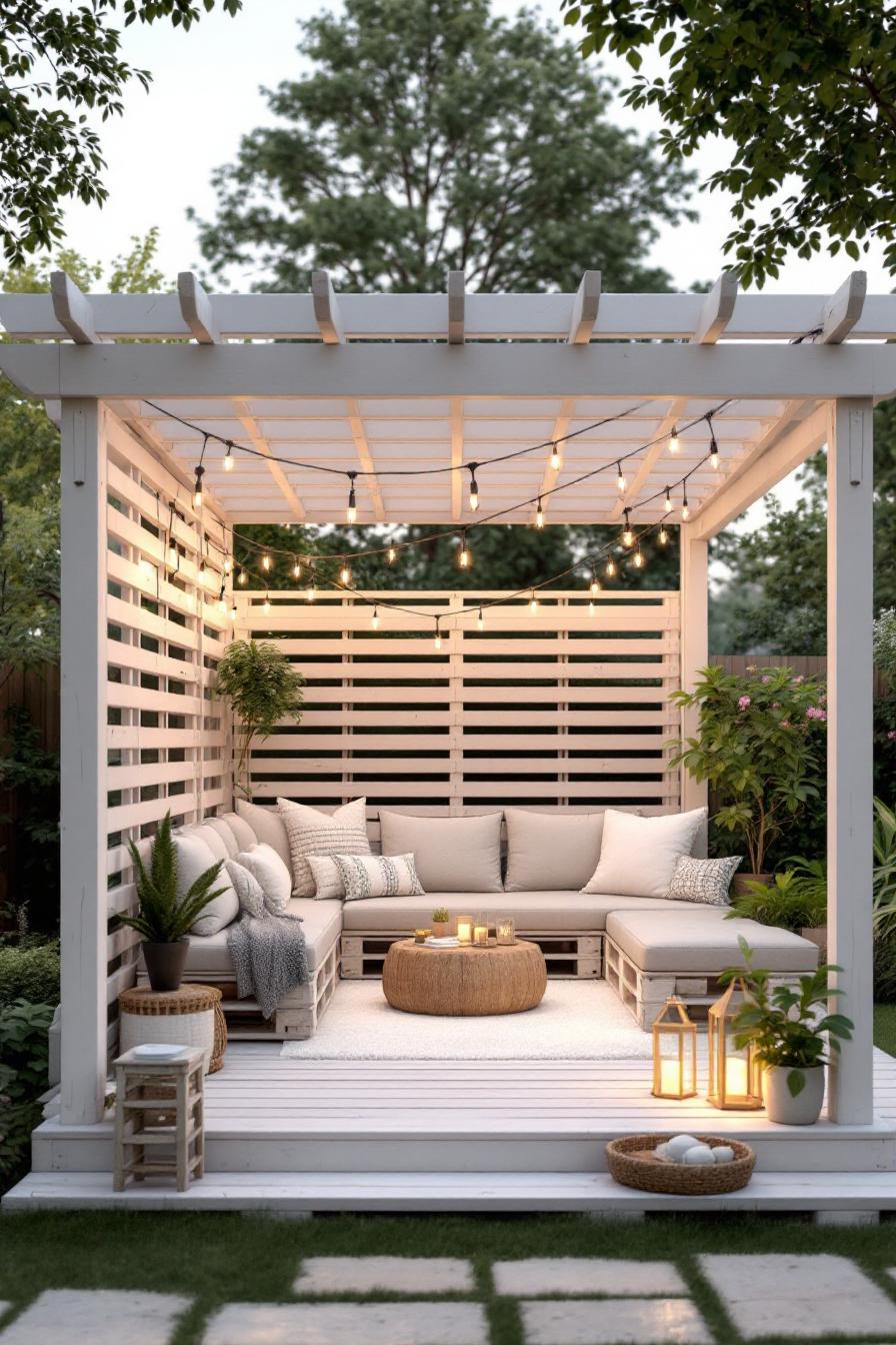 Cozy pallet deck with string lights and a comfy seating area