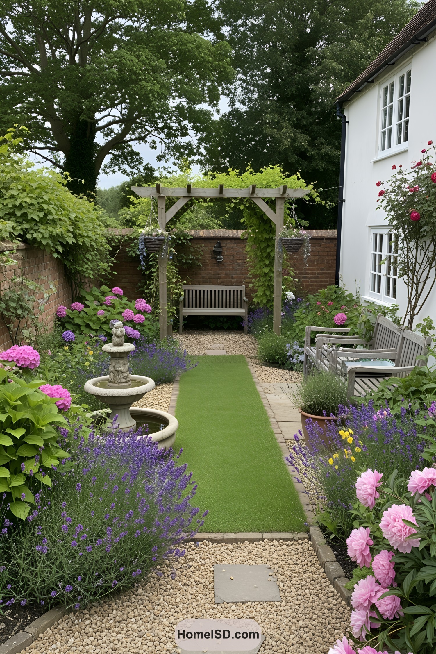 Cottage garden with purple and pink flowers, fountain, and seating area