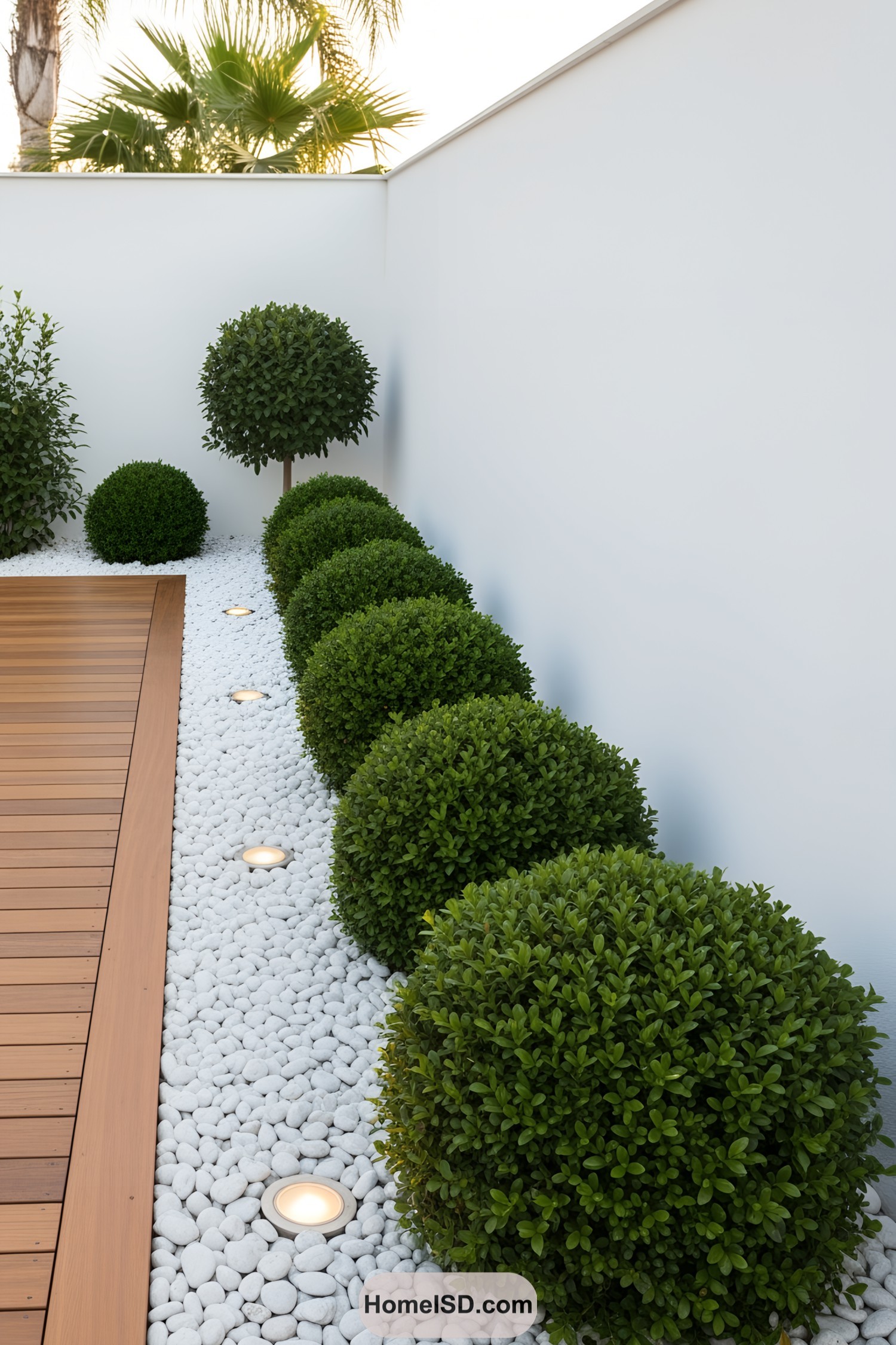 Round bushes line a white stone path