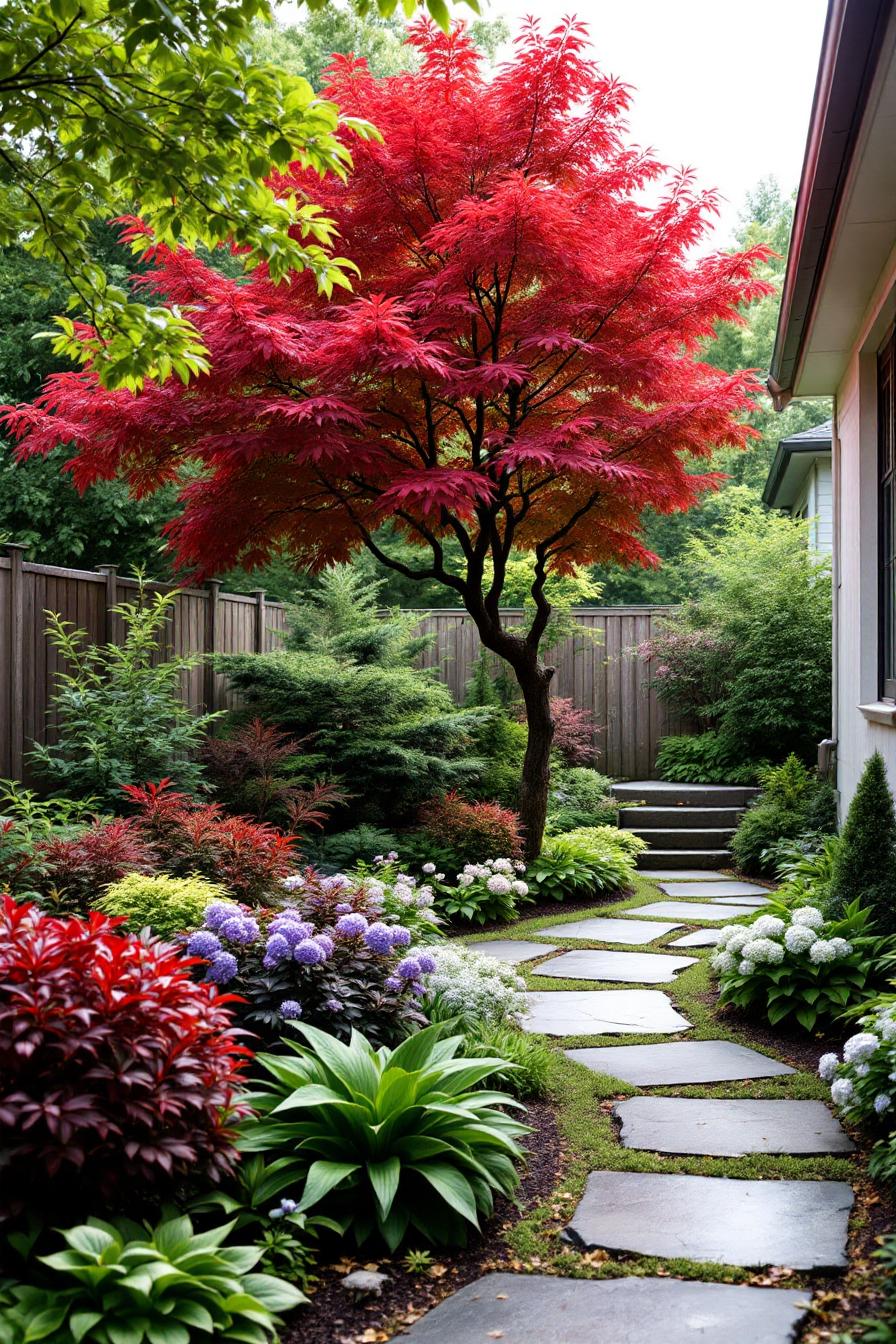 A Japanese maple adds vibrant color to a garden pathway