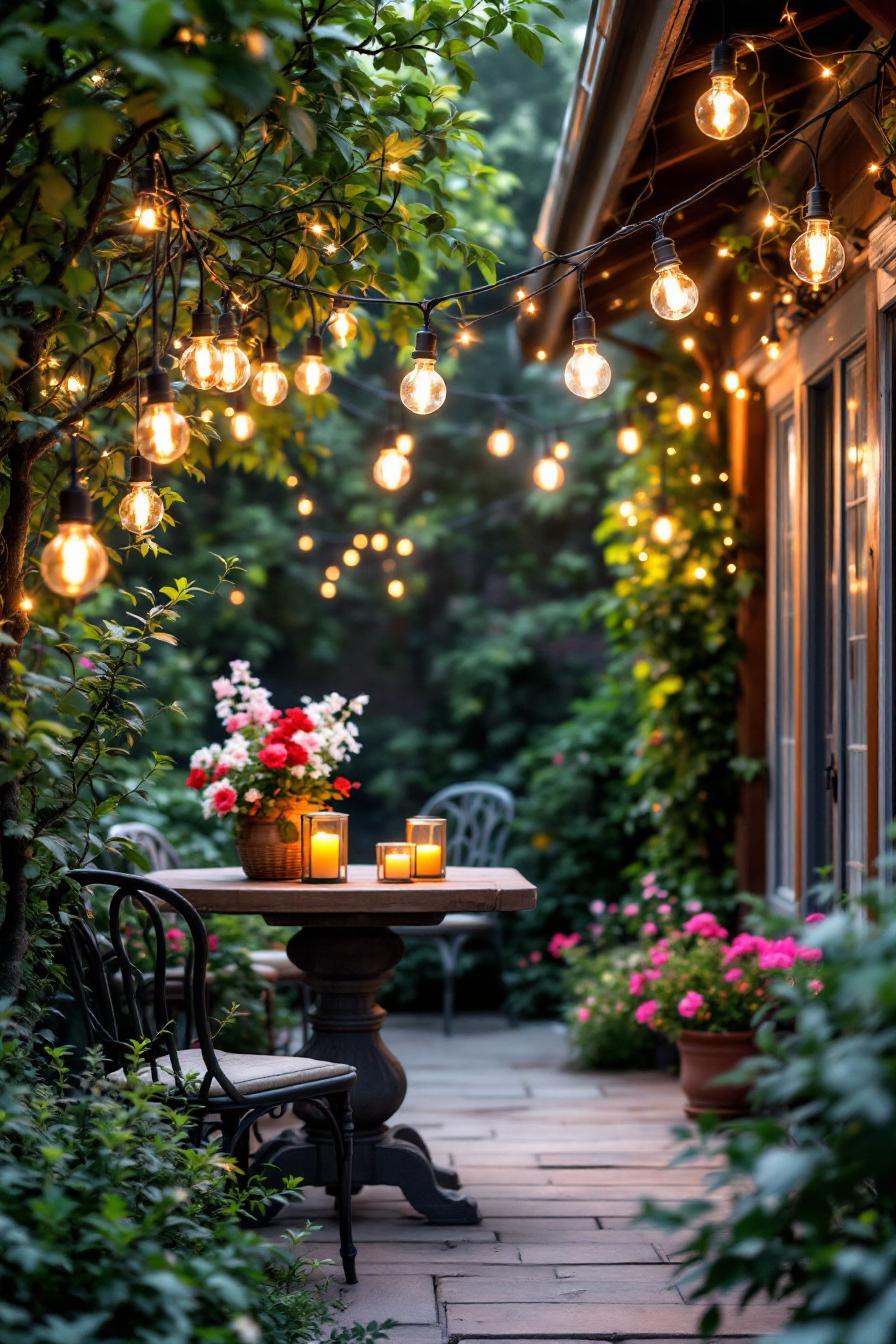 String lights and candles illuminate a cozy garden nook