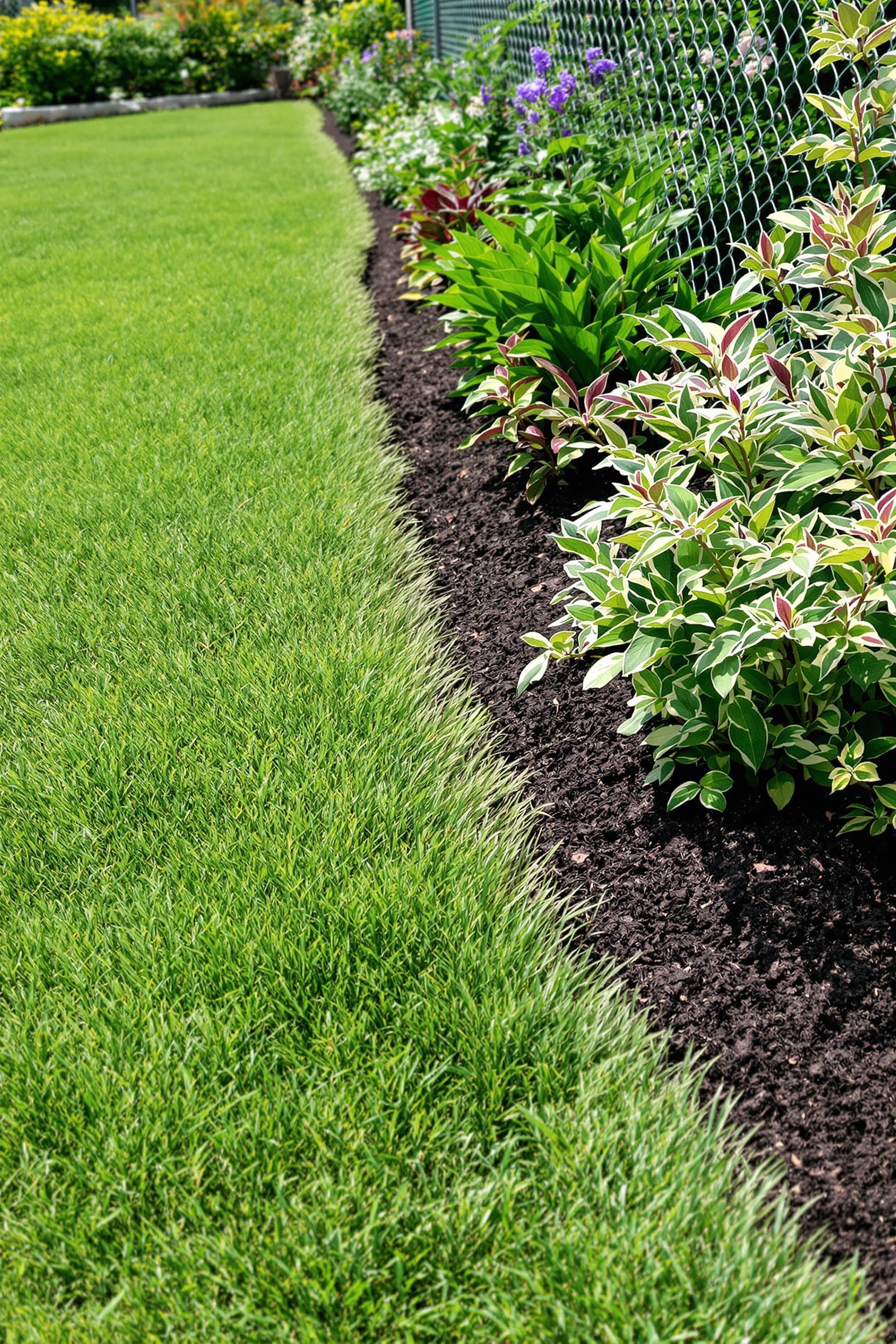 Lush grass and a vibrant flower bed along a fence