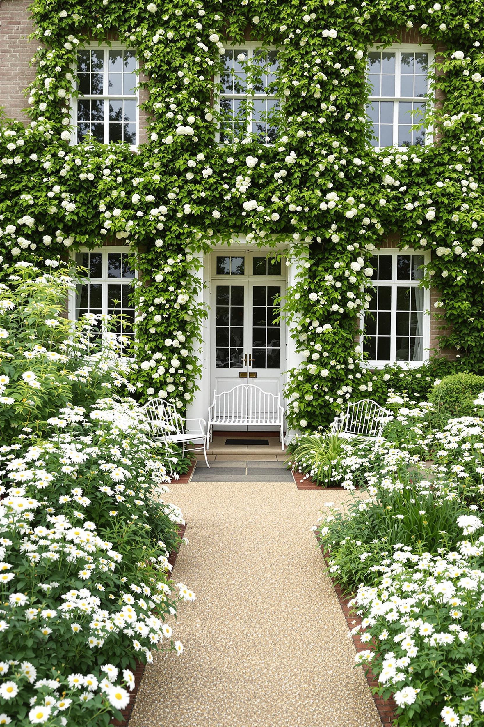 Lush garden entrance with white blooms and greenery