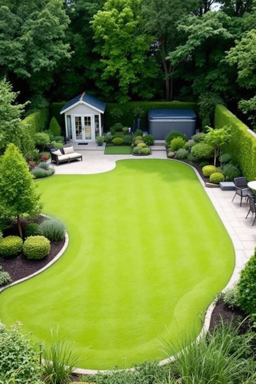 Backyard with lush green lawn, cozy seating, and quaint shed