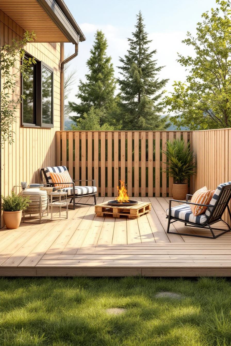 Outdoor patio with pallet wood deck and fire pit