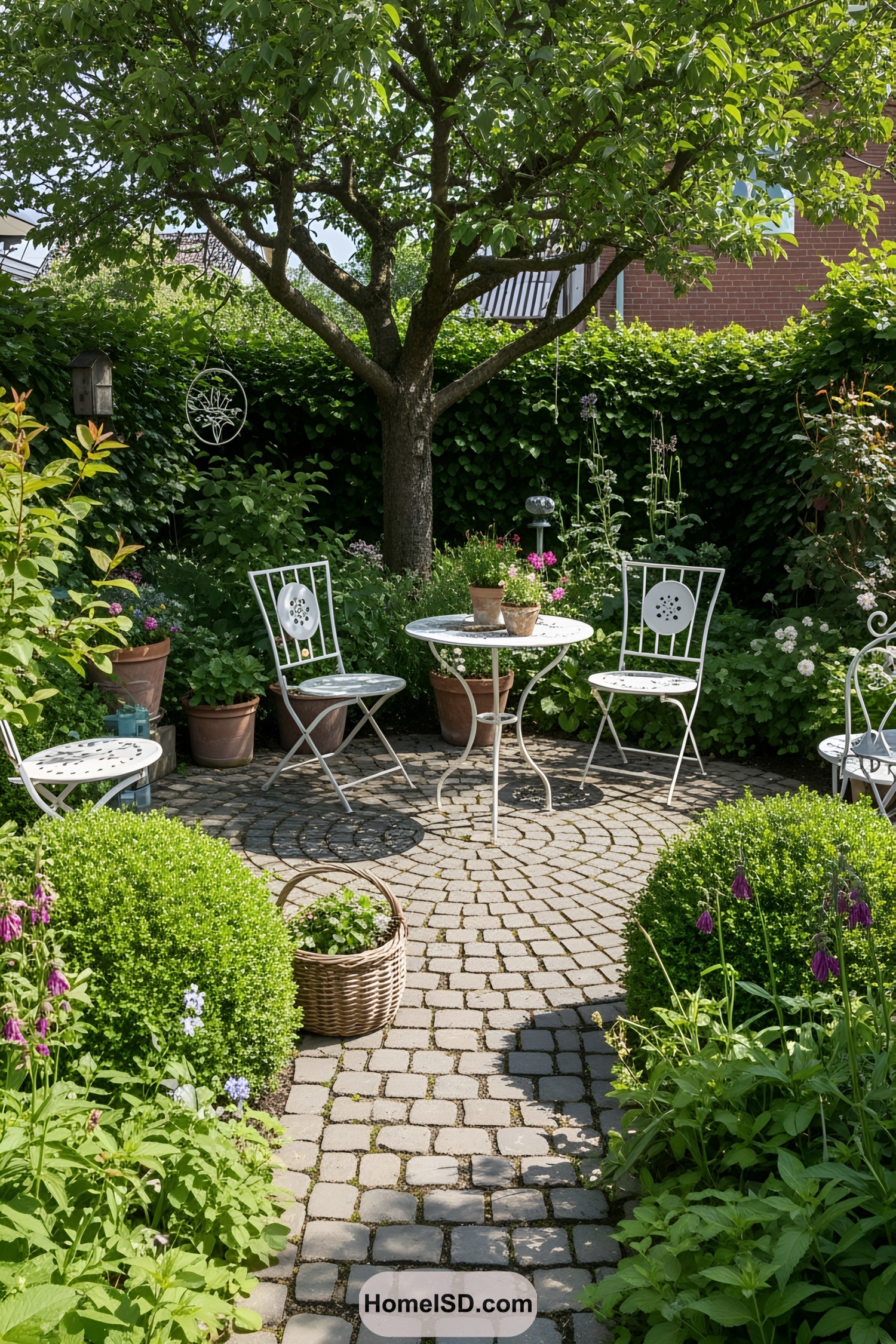 Charming country garden patio with chairs and table under a tree