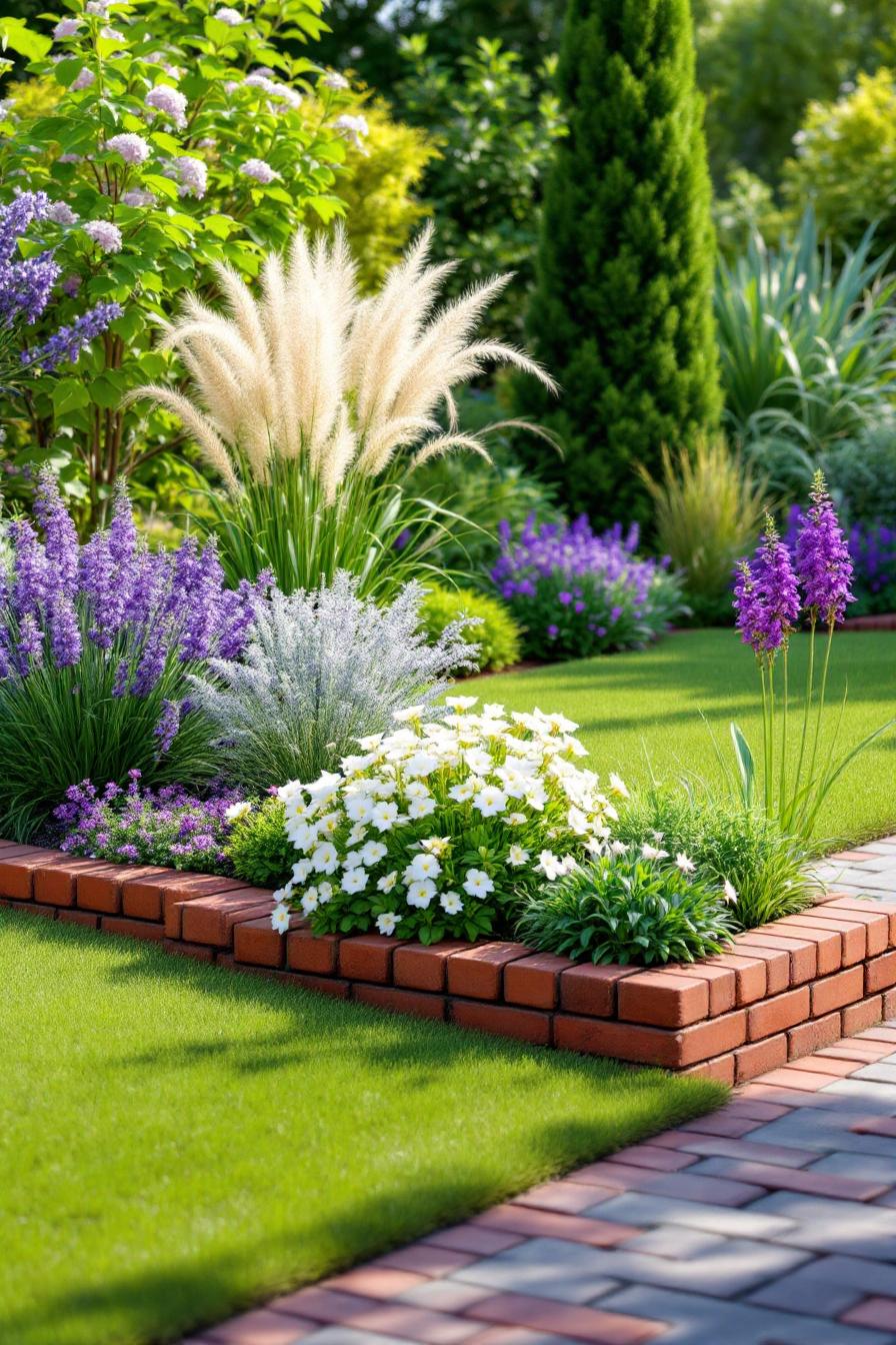 Vibrant garden with colorful plants and brick edging