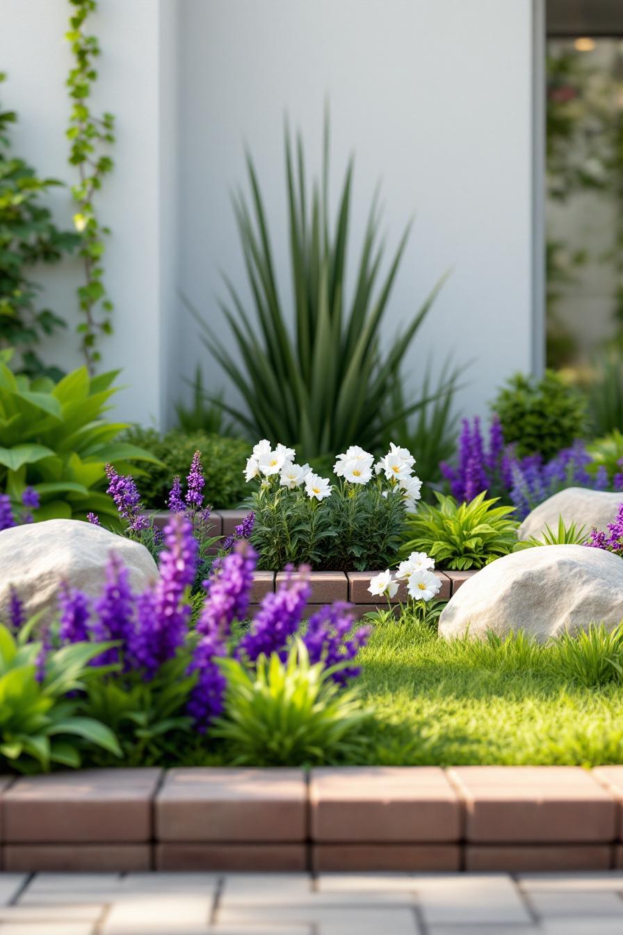 Vibrant garden with stone and floral elements