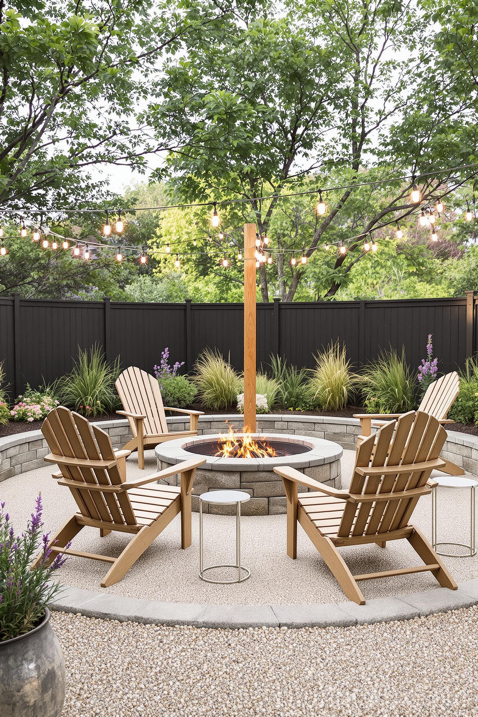 Outdoor fire pit area with chairs and string lights