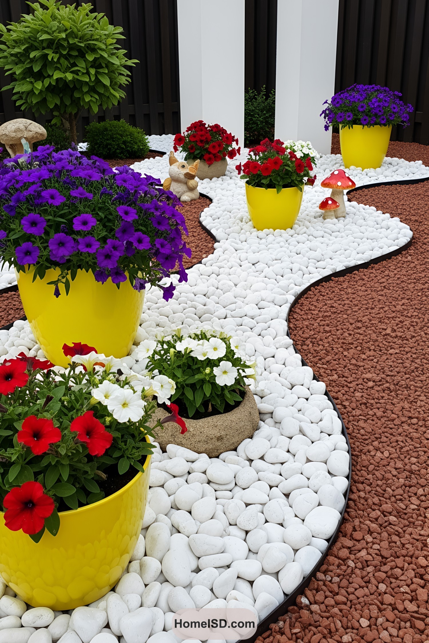 Vibrant flowers in yellow pots among white stones