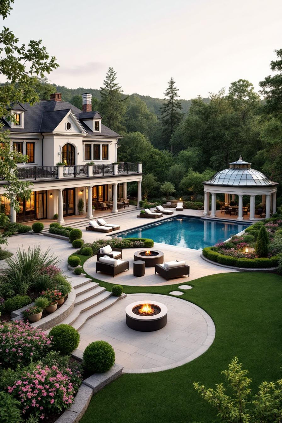 Elegant poolside with fire pit and gazebo