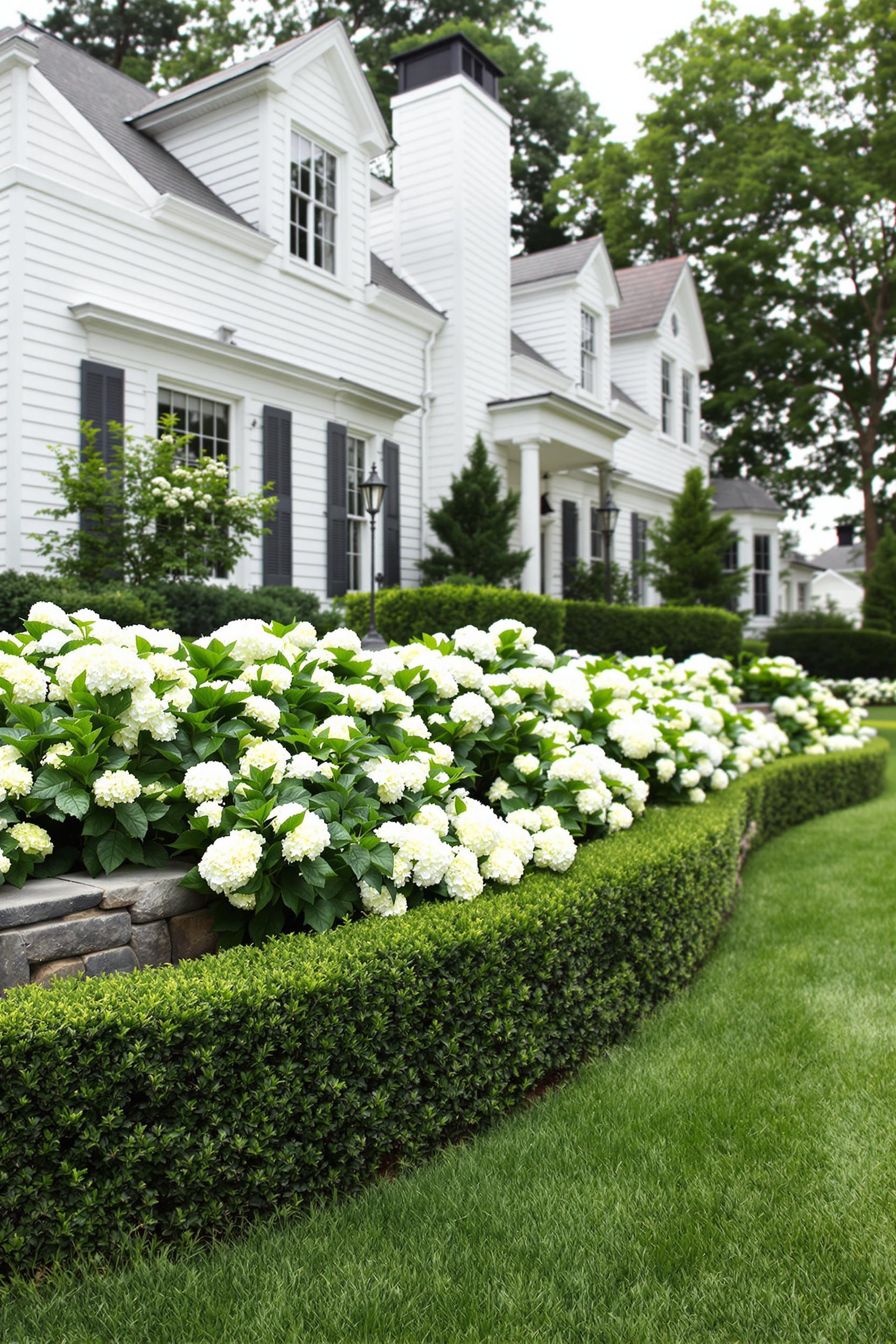 Lush green hedge and radiant white blooms in a garden