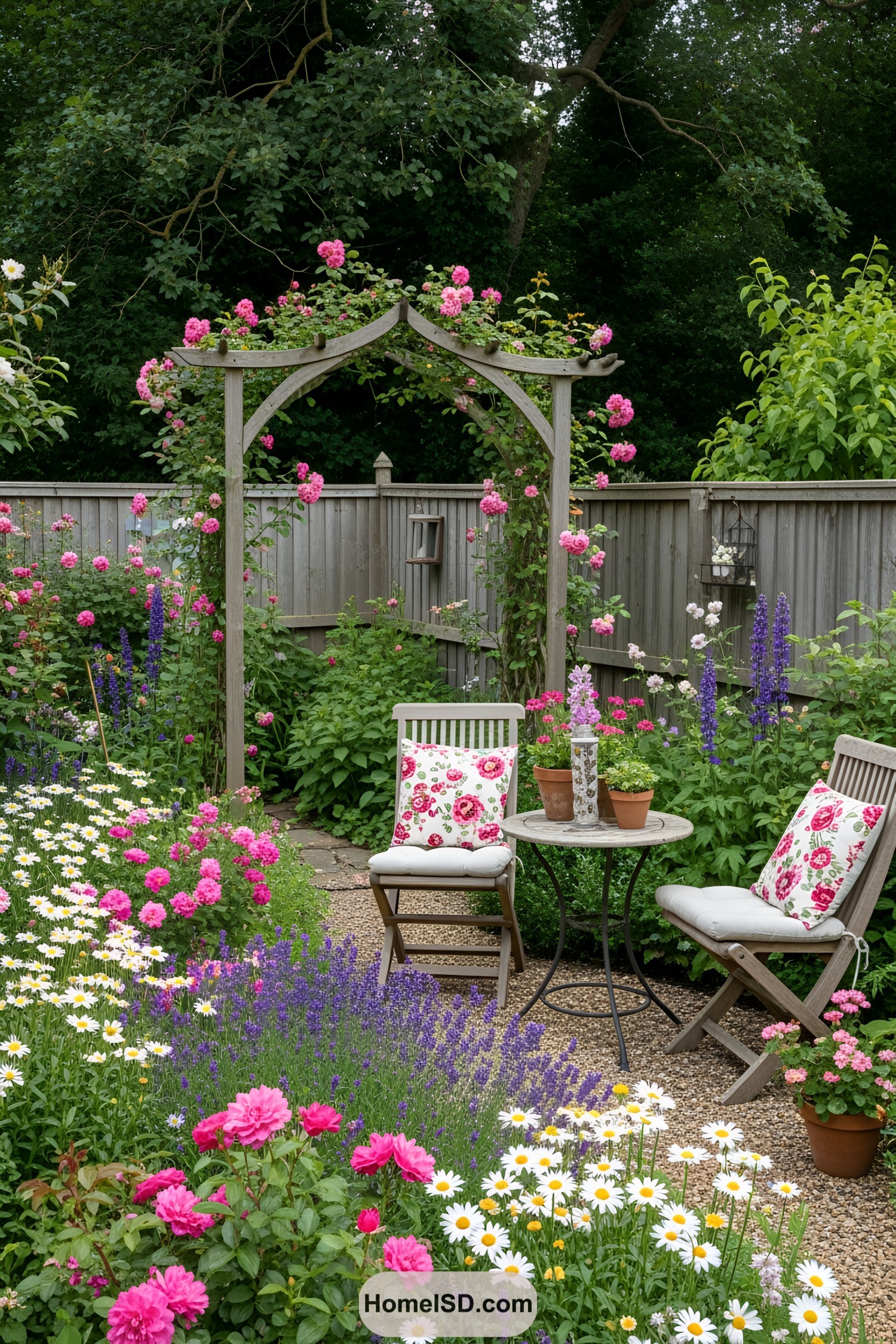 Charming garden nook with flowers and chairs