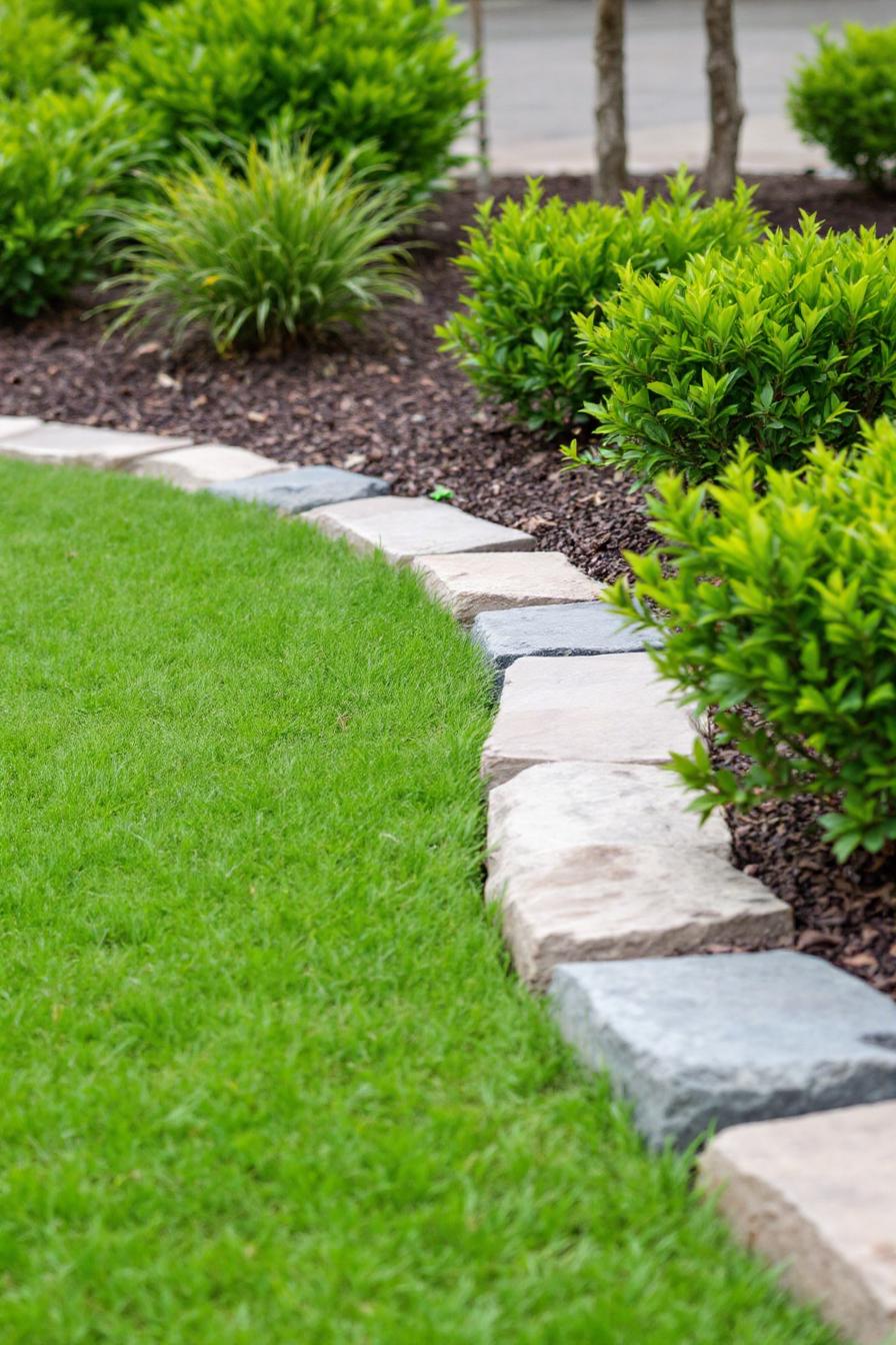 Grass lawn bordered by stones and lush shrubs