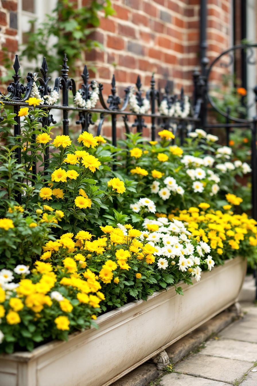 Flowering plants brighten a garden against a brick wall and iron fence