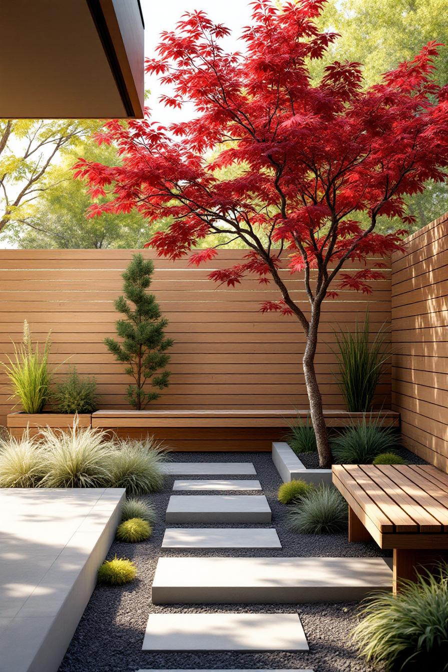 A Japanese maple tree in a modern garden setting with stepping stones and wooden accents