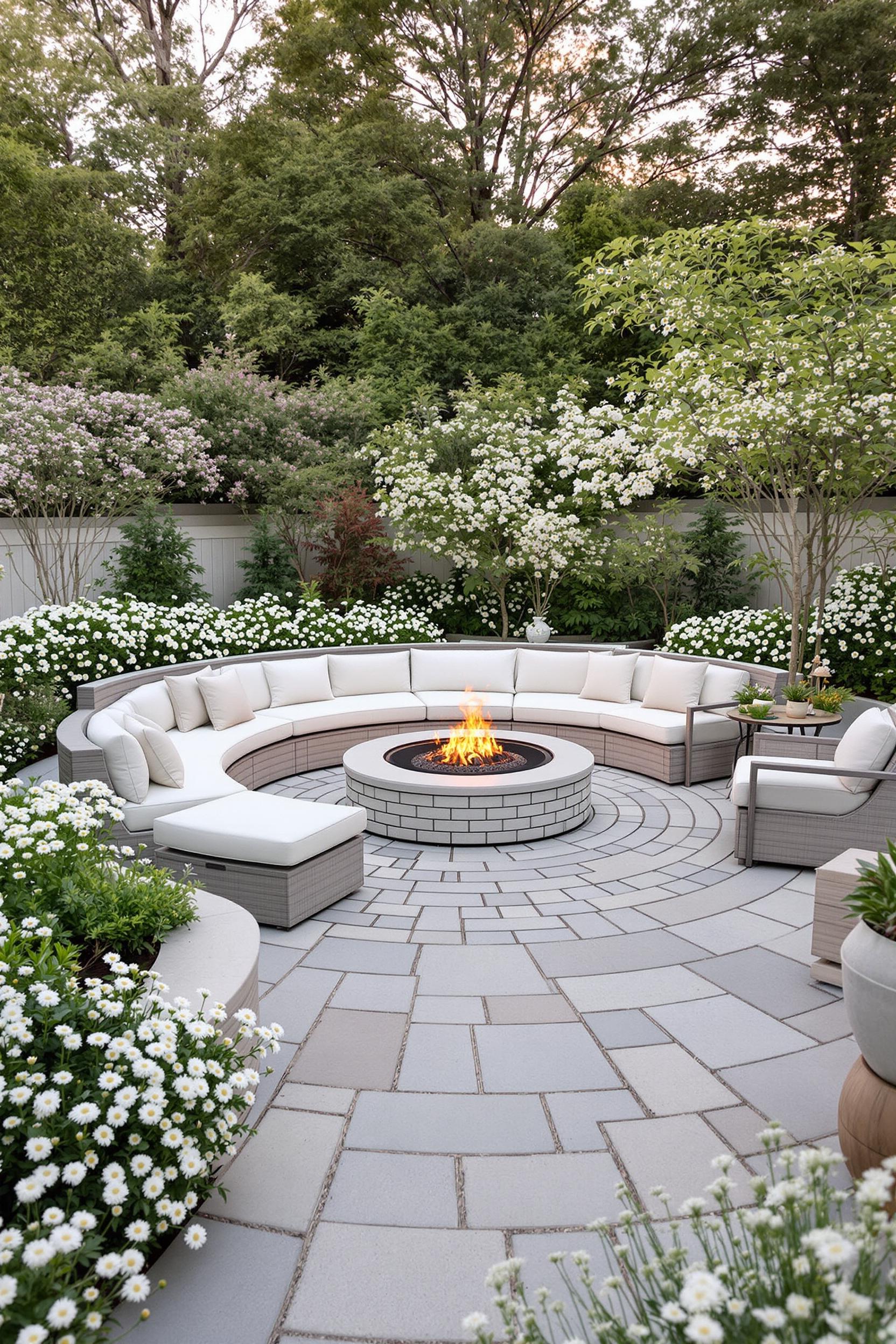 Spacious outdoor fire pit with seating and garden
