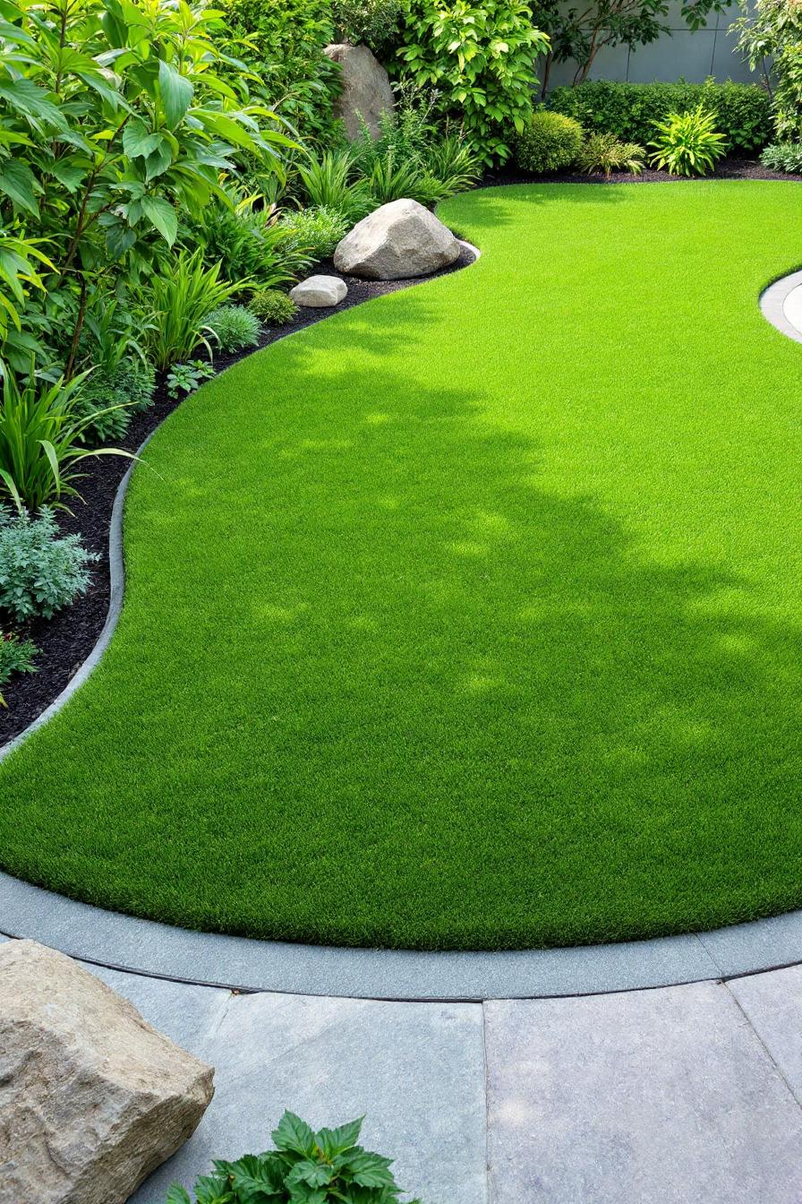 Lawn bordered with lush greenery and stones
