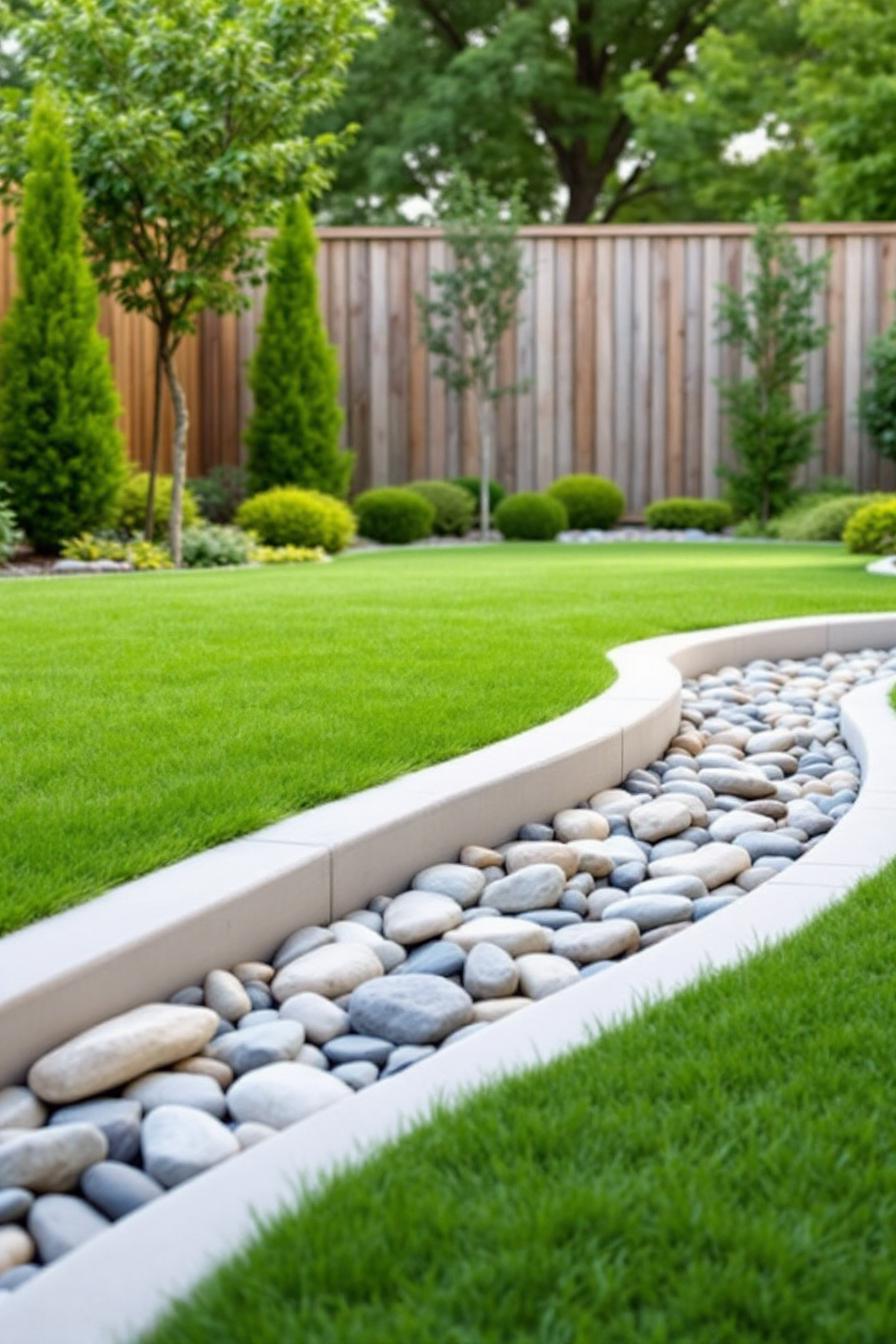 Smooth pebble strip with lush grass and trees