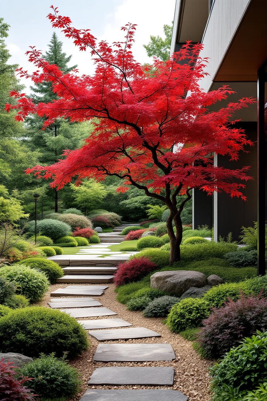 Vibrant red Japanese maple beside a stone path in a lush garden