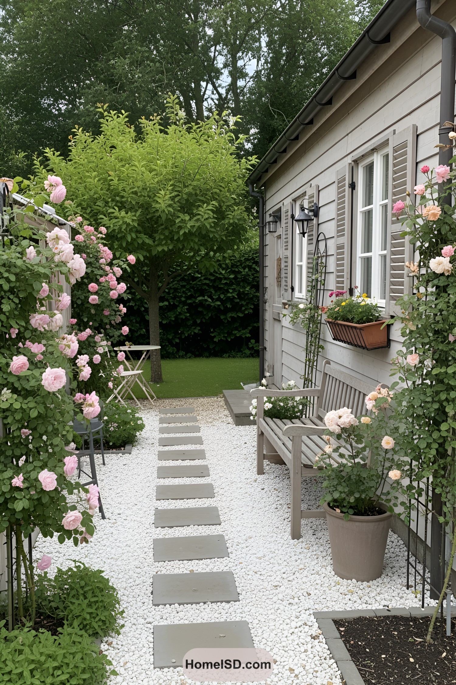 Charming cottage garden with stepping stones and roses