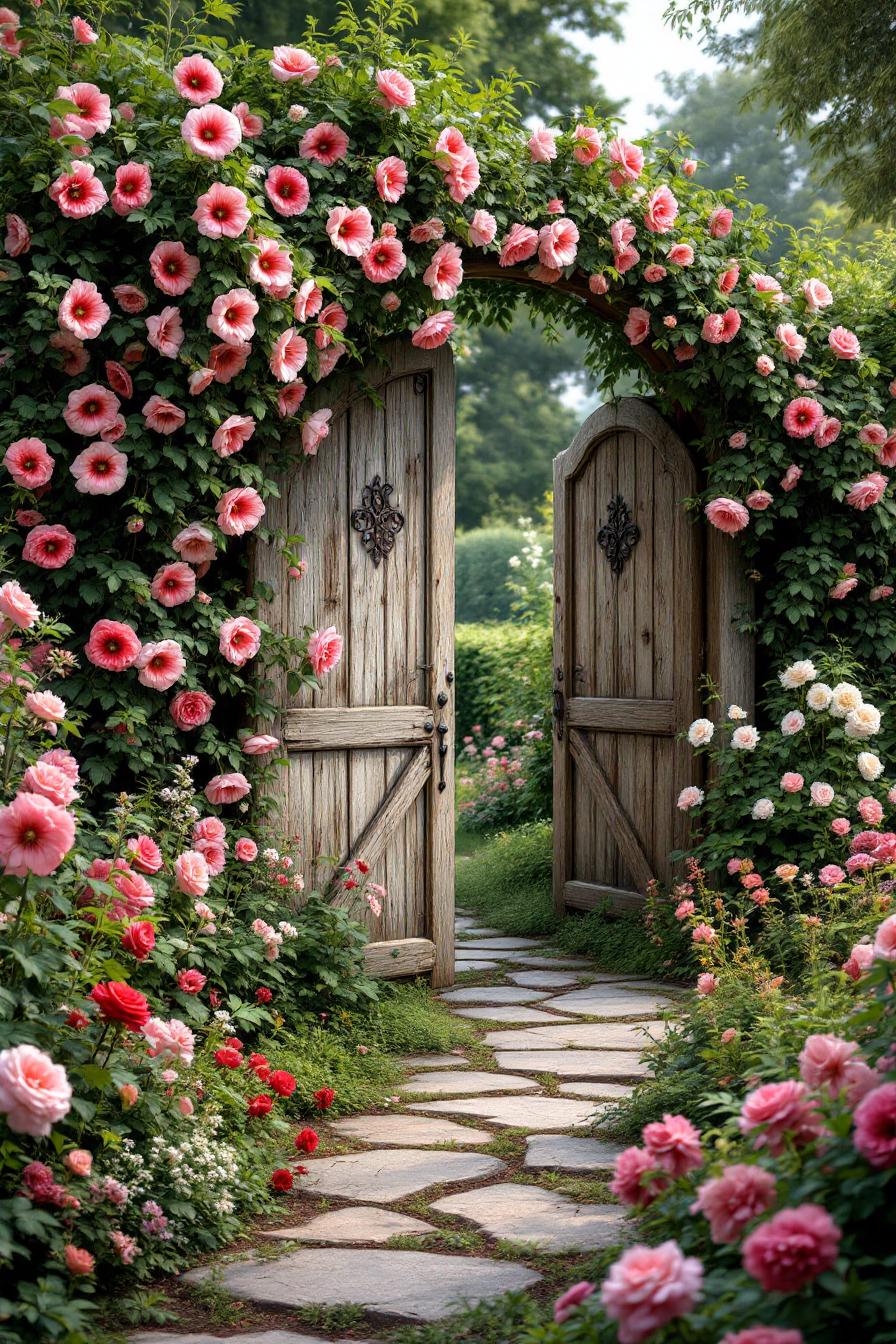 Open wooden gate with vibrant pink roses