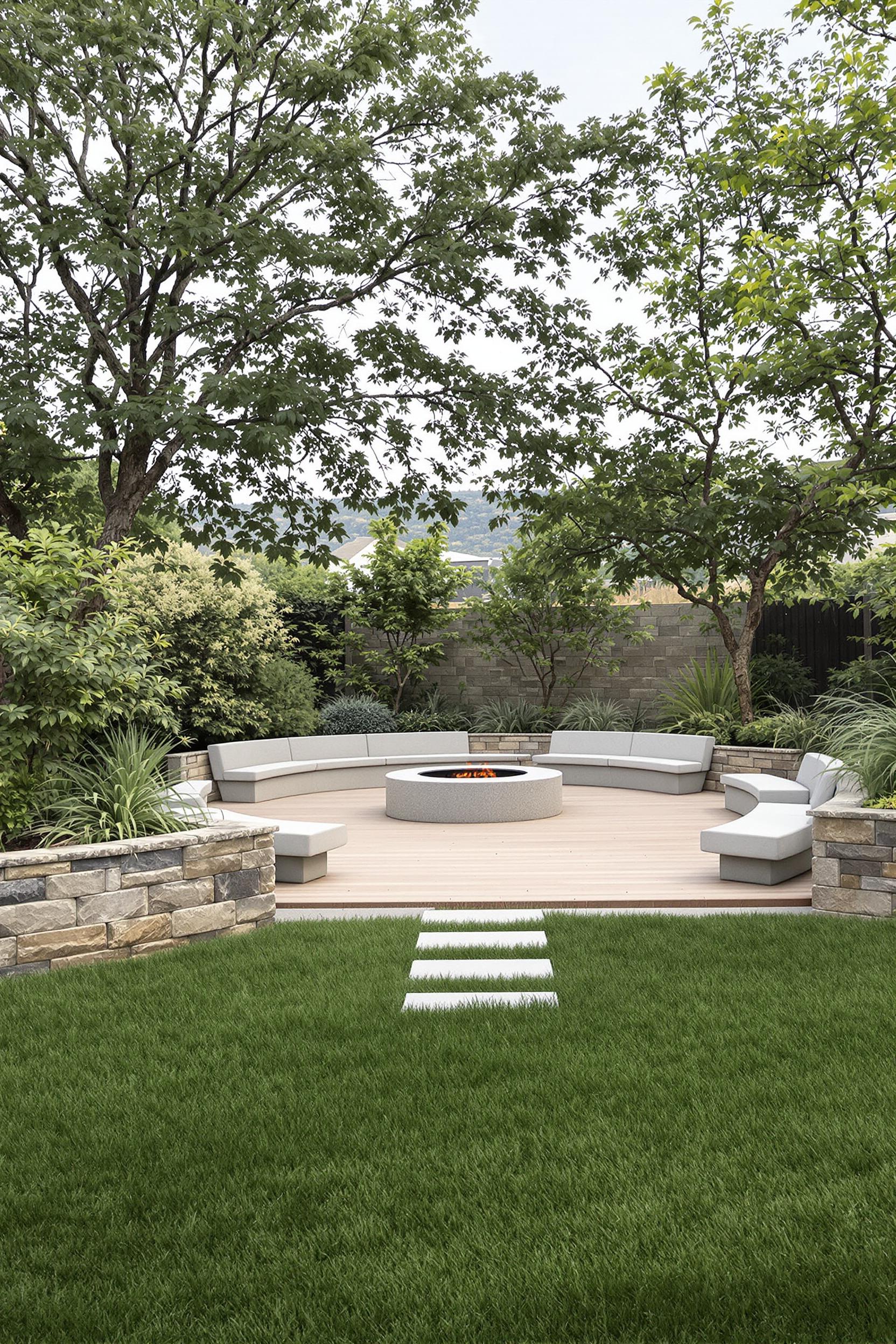 Sleek fire pit with circular seating in a lush backyard