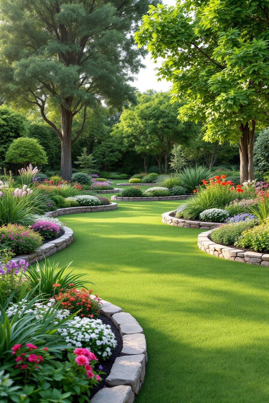 Curved stone-edged flower beds flank a lush green lawn