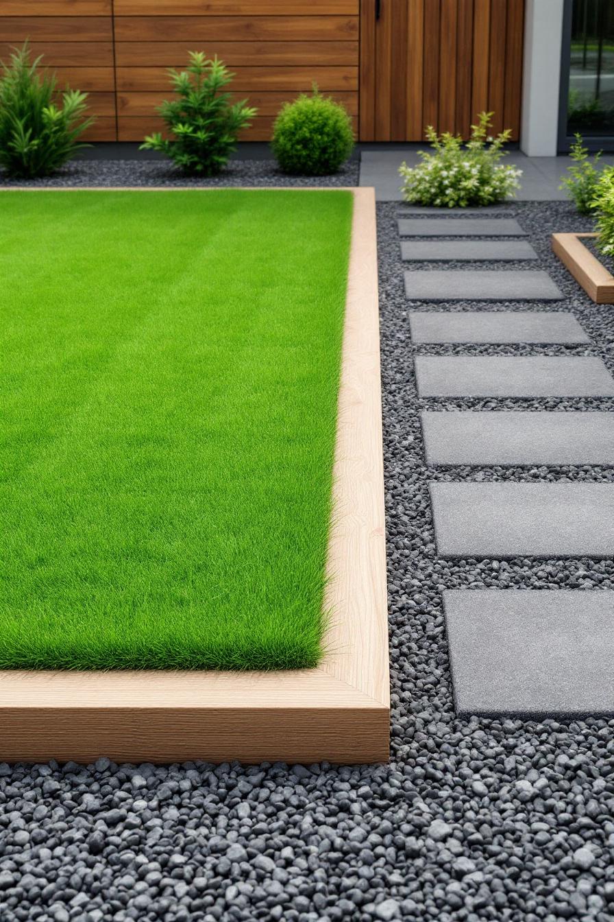 Lawn bordered by wood with paving stones in gravel
