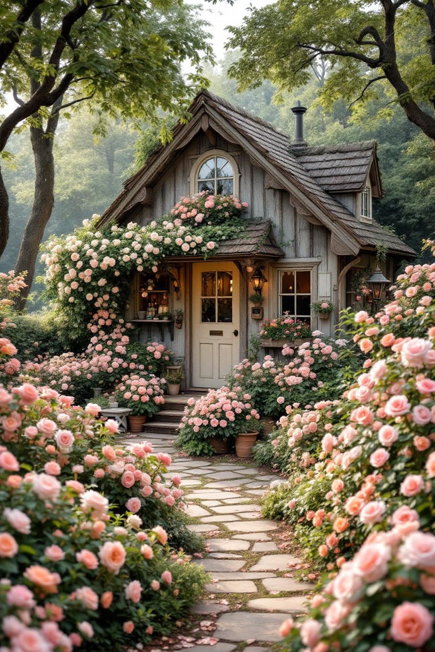 Cottage surrounded by blooming roses, pathway leading to the door