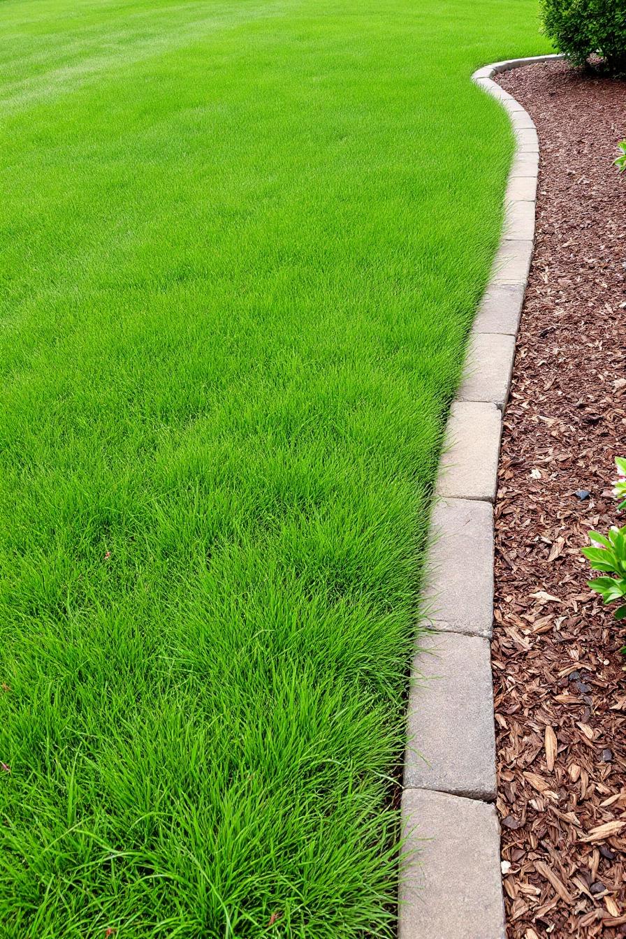 A curved stone border separating lush grass from mulch with green shrubbery