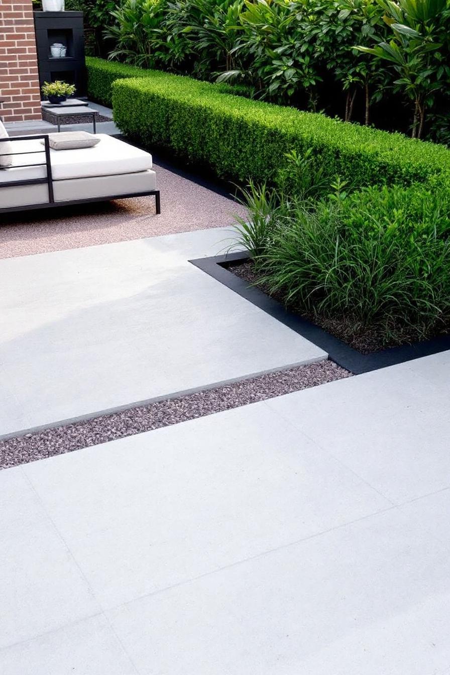 Modern patio with sleek furniture and lush plants