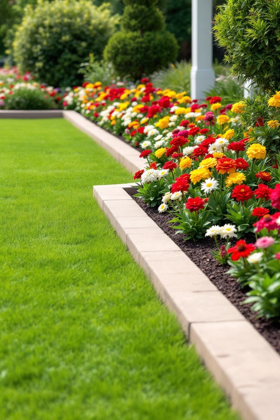 Vibrant flower bed with a neat grass border