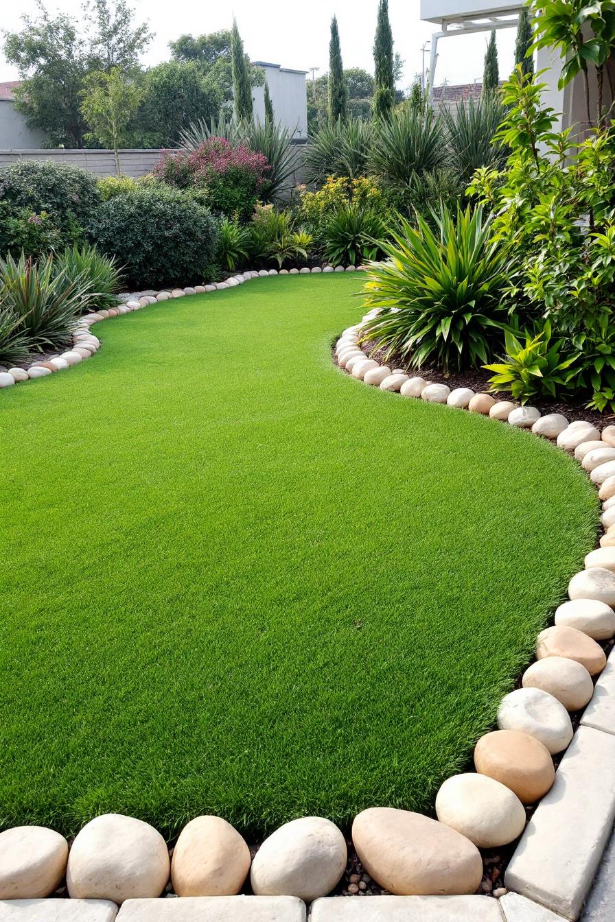 A lawn bordered by rounded stones and surrounded by vibrant plants
