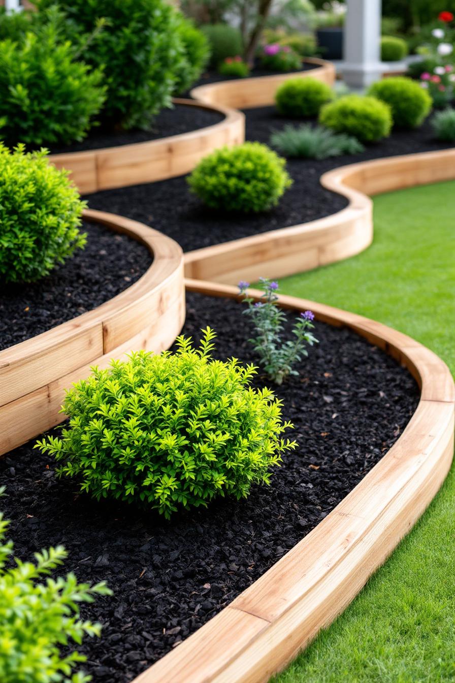 Curved wooden garden edging with lush plants