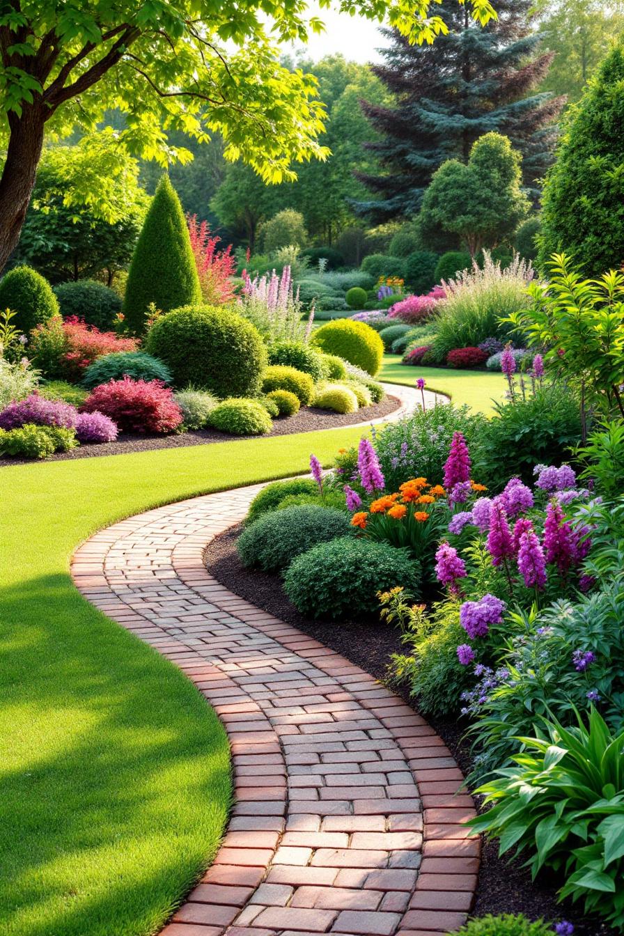 Colorful garden with winding brick path