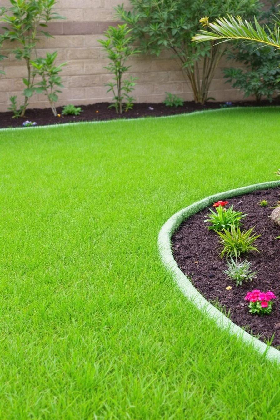 Neatly edged lawn with vibrant garden bed