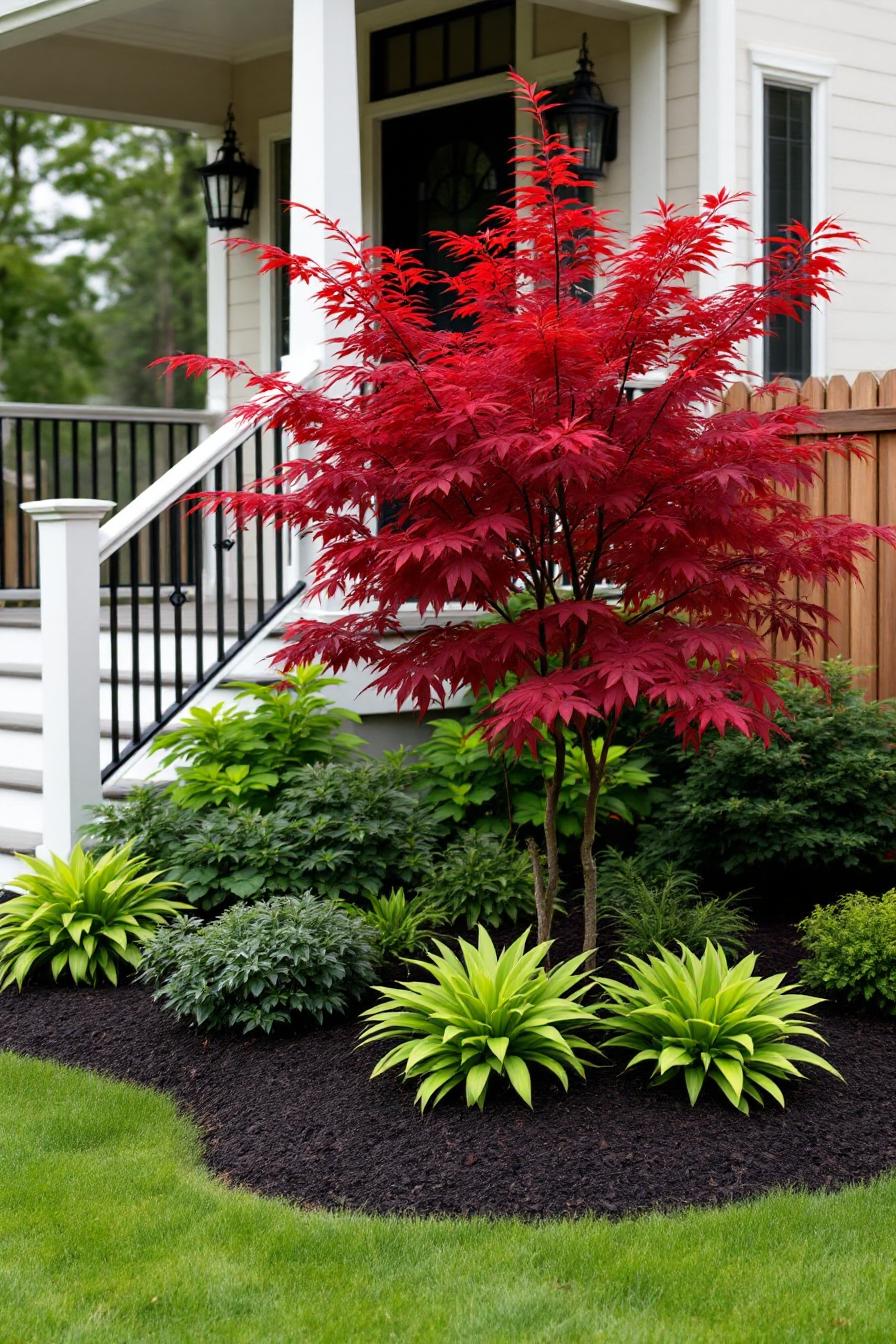 Japanese maple tree with red leaves in a landscaped garden