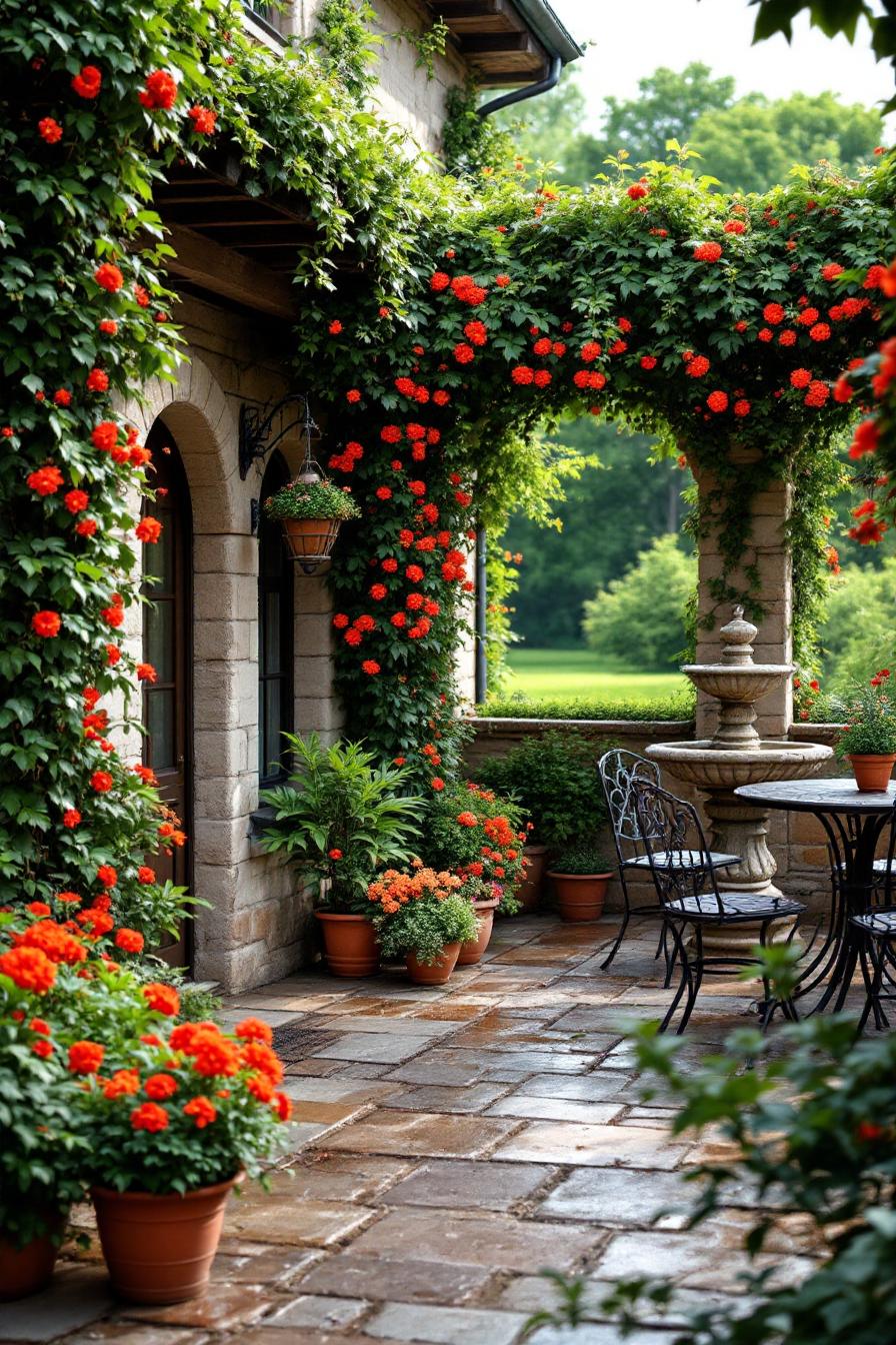 Garden patio with red flowers and stone pathway