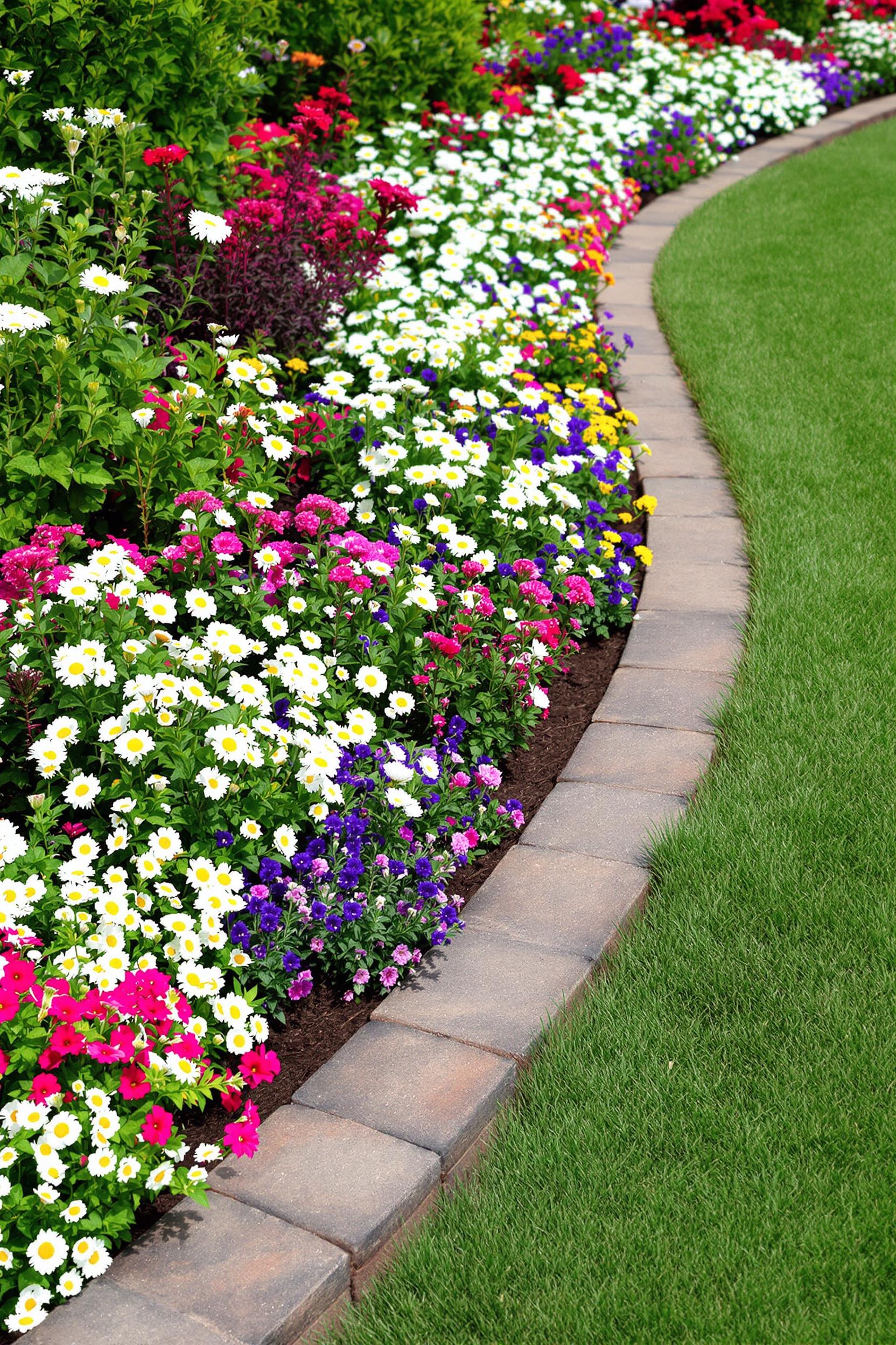 Vibrant flower border with a stone pathway