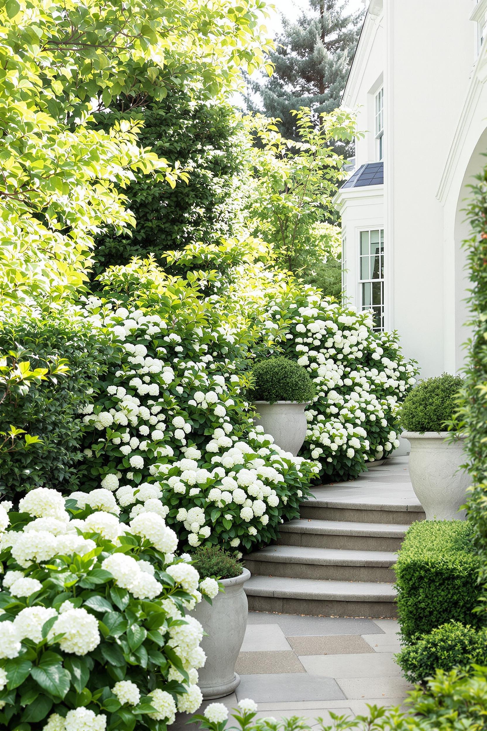 Pathway surrounded by lush white blooms and greenery