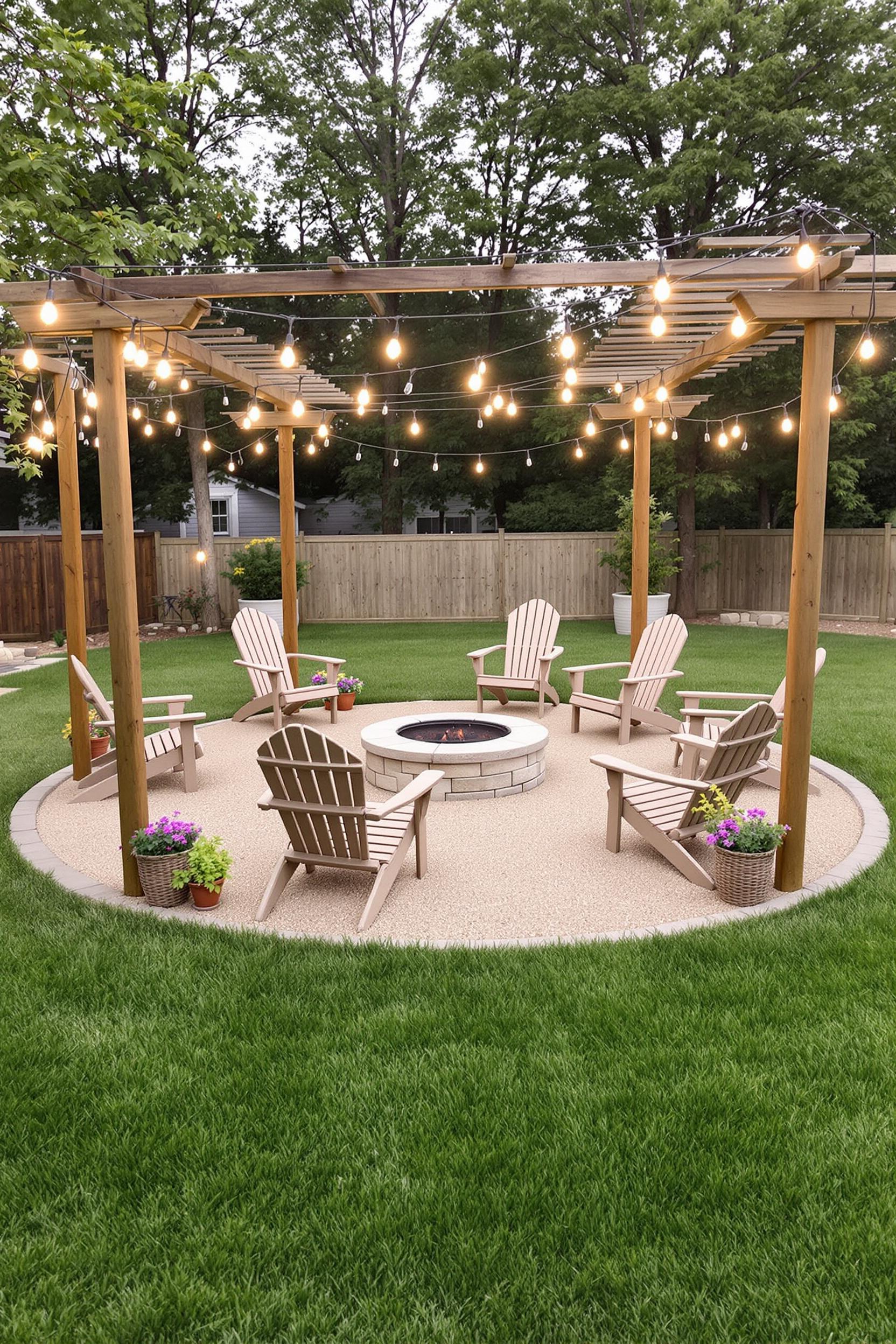Outdoor fire pit with string lights and Adirondack chairs