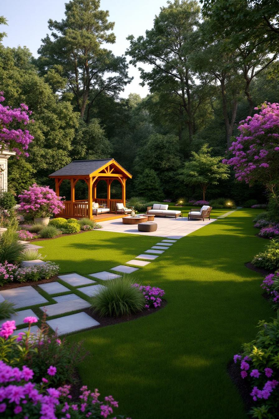 A charming garden with a wooden gazebo and vibrant flowers